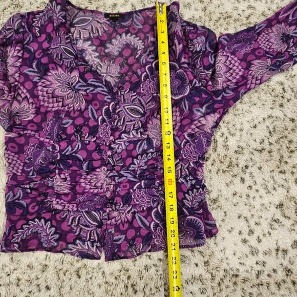 Escada 42/L Vintage Fabulous Purple Floral Long Bell Sleeve Silk Blouse V-Neck - Picture 9 of 10